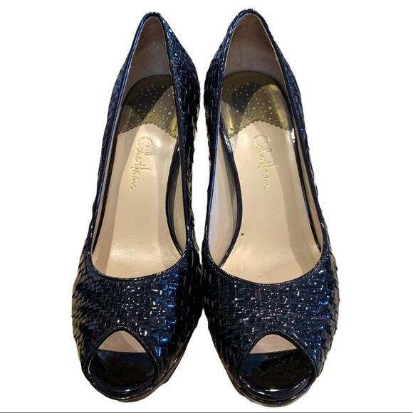 Cole Haan Felisha Black pumps heels woven leather open toe shoes size 7.5 - Picture 6 of 9